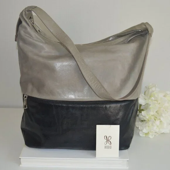 đź–¤ HOBO Joyce Style Shoulder Bag Two-Tone Leather Stone/Gray & Black - Picture 2 of 14